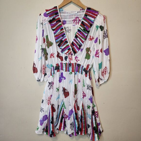 Vintage Mosaic Ruffled Mini Dress Womens XS Summer Beach Coastal Vacation - Picture 16 of 16